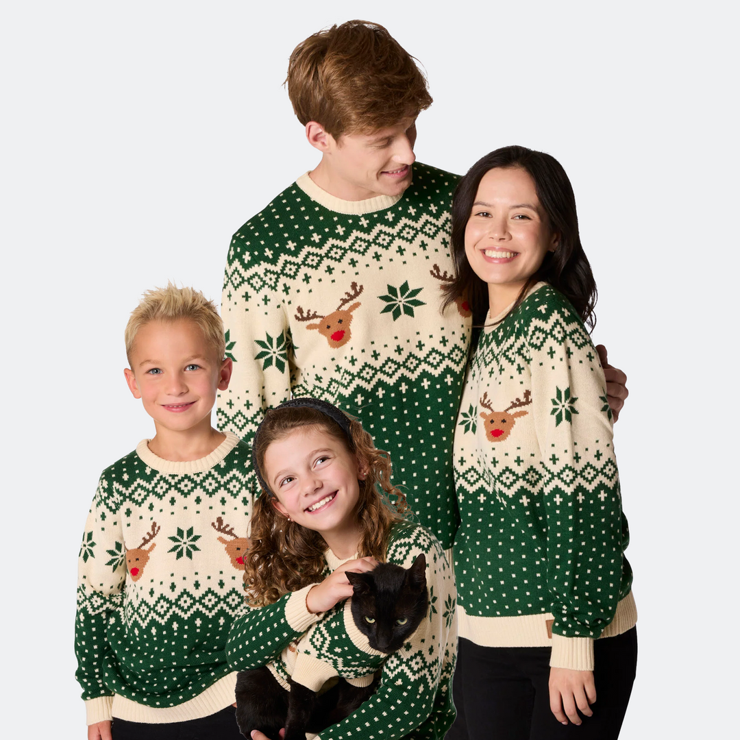 Matching Family Christmas Sweaters - Green Retro Reindeer