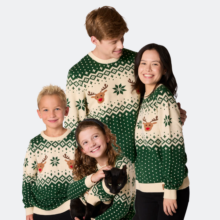 Matching Family Christmas Sweaters - Green Retro Reindeer