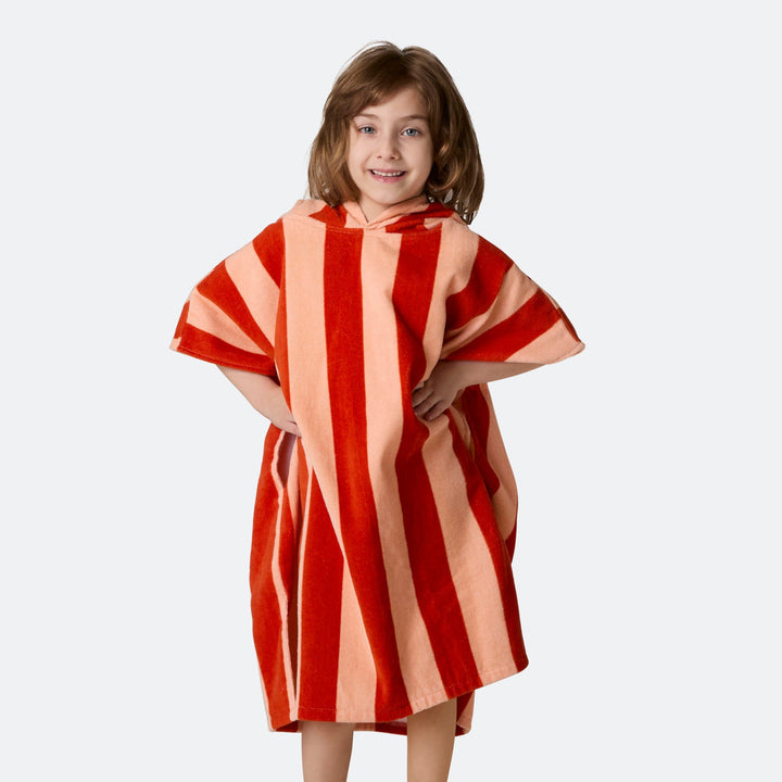 Kids' Striped Red Towel Poncho