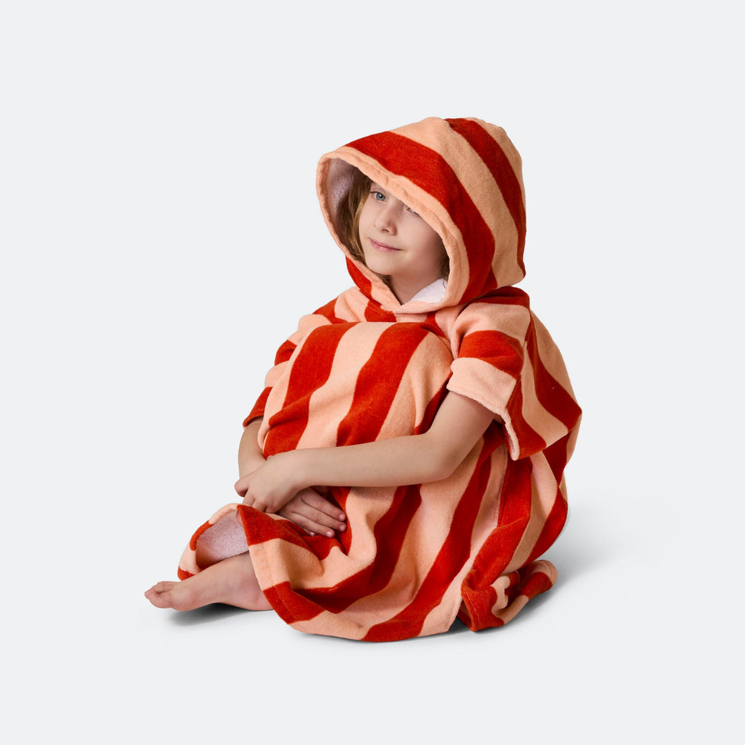 Kids' Striped Red Towel Poncho
