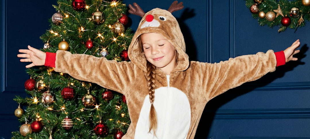 Smiling girl in a reindeer onesie with arms outstretched in front of a decorated Christmas tree