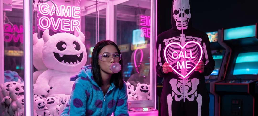 Person in skeleton costume holding a neon Call Me heart beside a woman in a neon arcade with Game Over signs