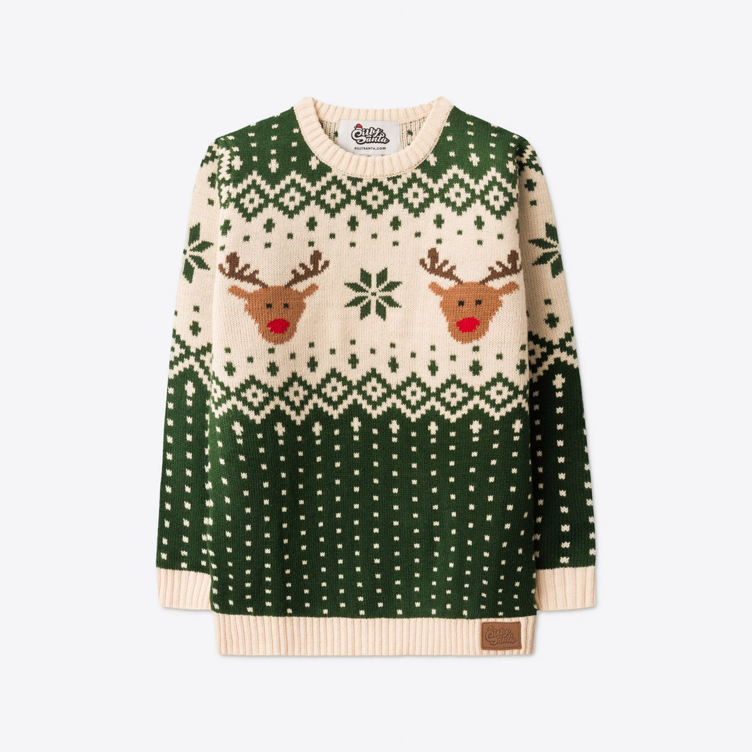 Kids' Retro Reindeer Green Christmas Sweater