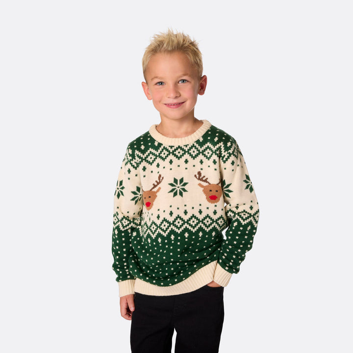 Kids' Retro Reindeer Green Christmas Sweater