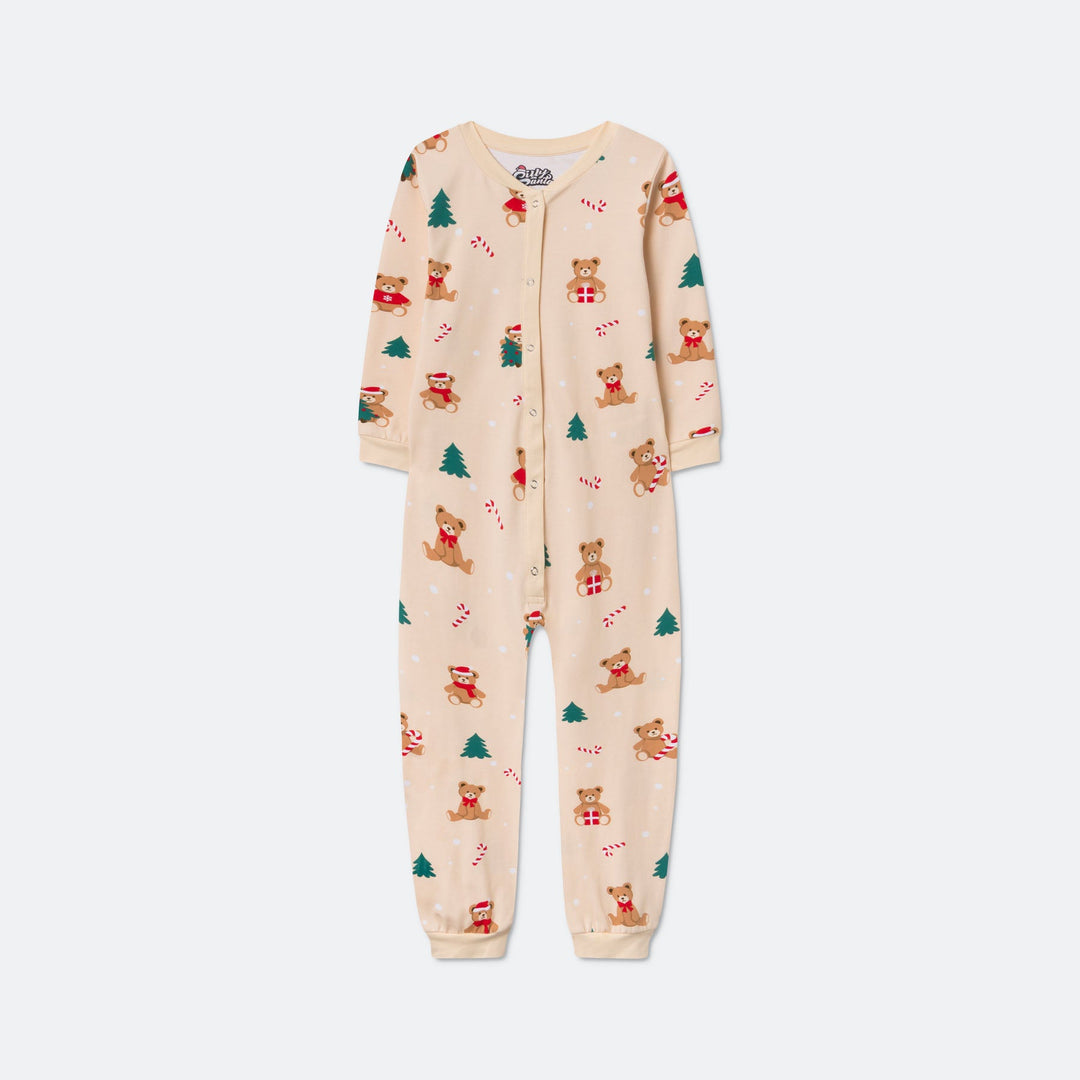 Kids' Beige Teddy Bear Overall Christmas Pyjamas