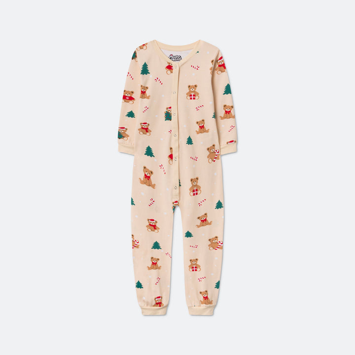 Kids' Beige Teddy Bear Overall Christmas Pyjamas