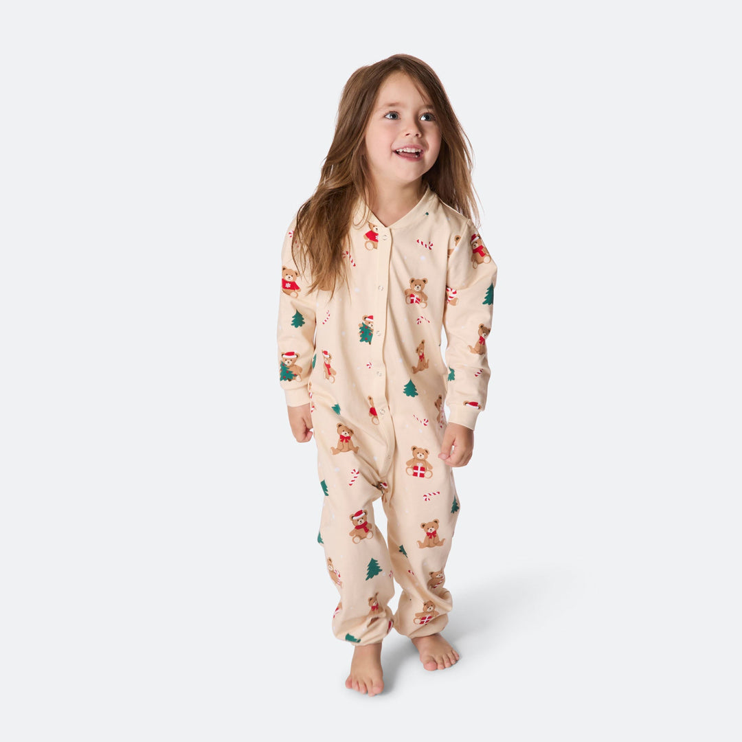 Kids' Beige Teddy Bear Overall Christmas Pyjamas