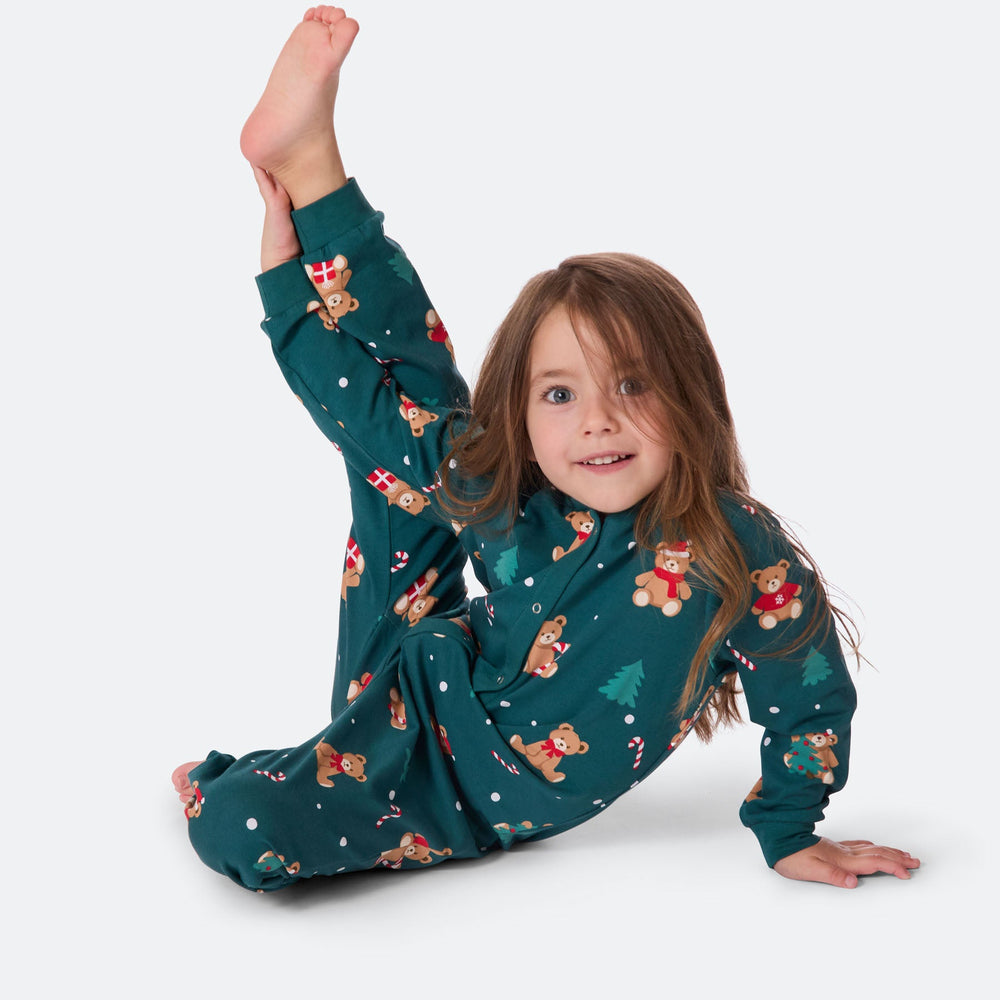 Kids' Green Teddy Bear Overall Christmas Pyjamas