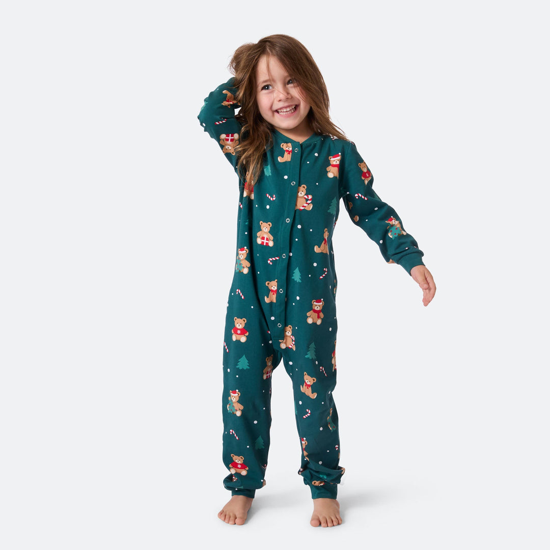 Kids' Green Teddy Bear Overall Christmas Pyjamas