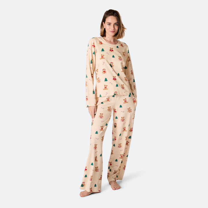 Women's Beige Teddy Bear Christmas Pyjamas