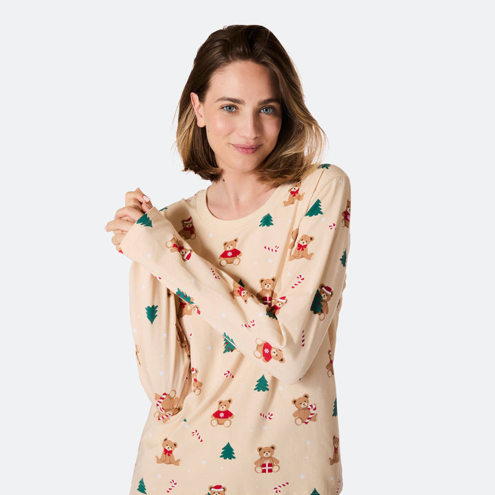 Women's Beige Teddy Bear Christmas Pyjamas