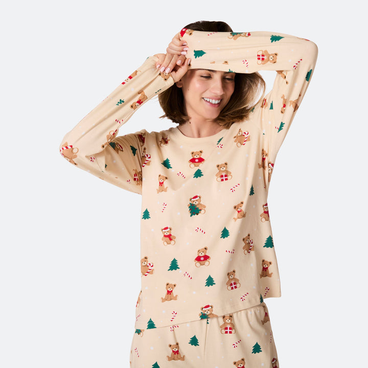 Women's Beige Teddy Bear Christmas Pyjamas