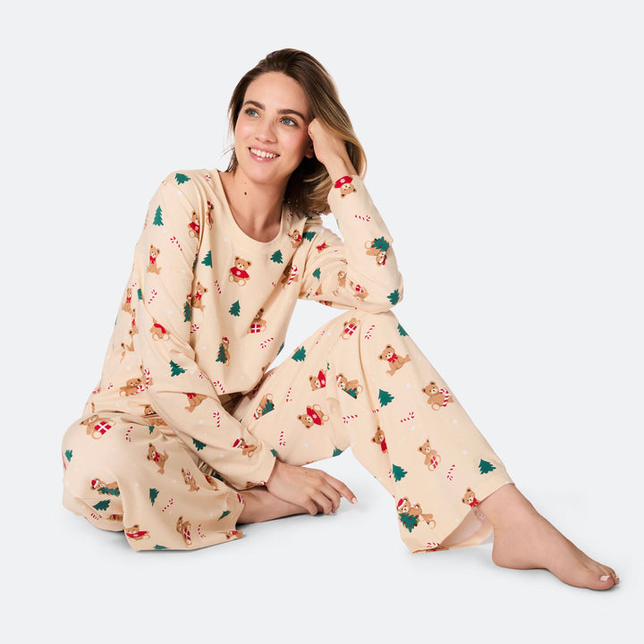 Women's Beige Teddy Bear Christmas Pyjamas