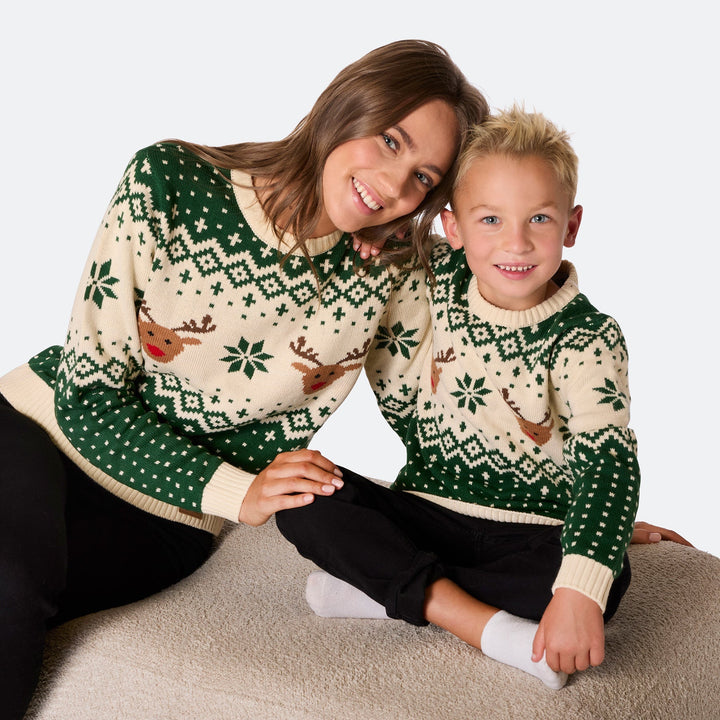 Green Retro Reindeer Matching Family Christmas Sweaters