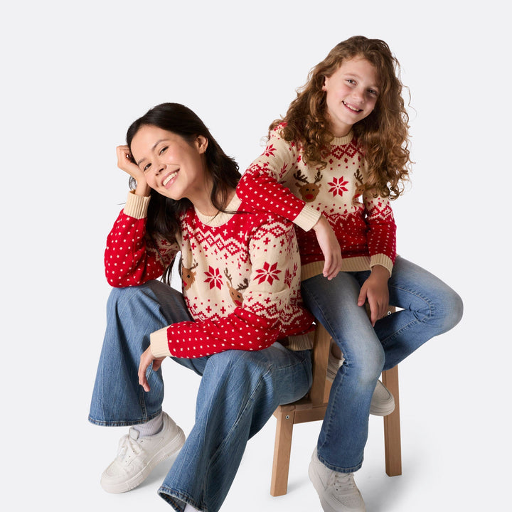 Red Retro Reindeer Matching Family Christmas Sweaters