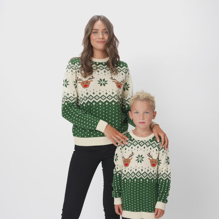 Kids' Retro Reindeer Green Christmas Sweater