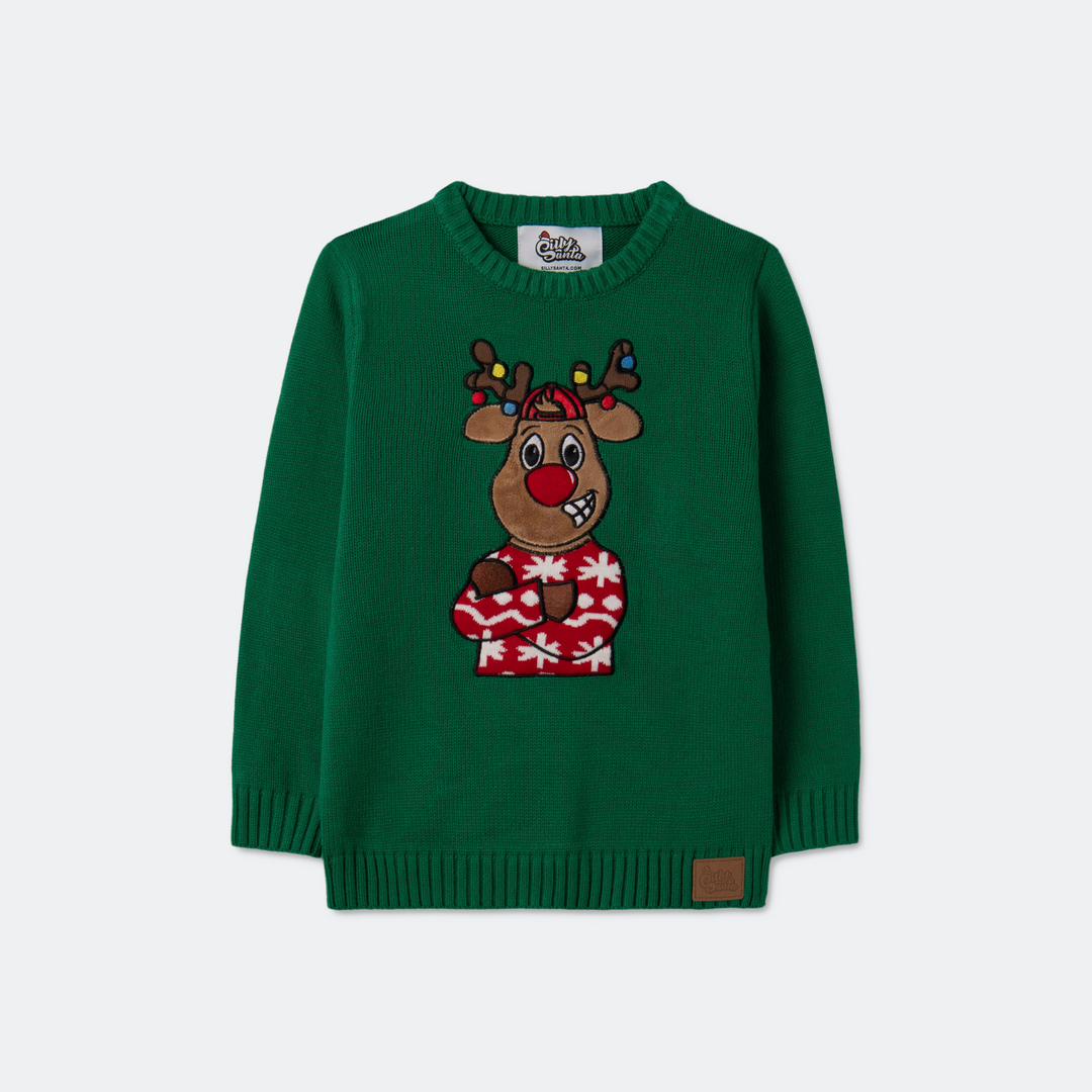 Kids' Green Reindeer Christmas Sweater