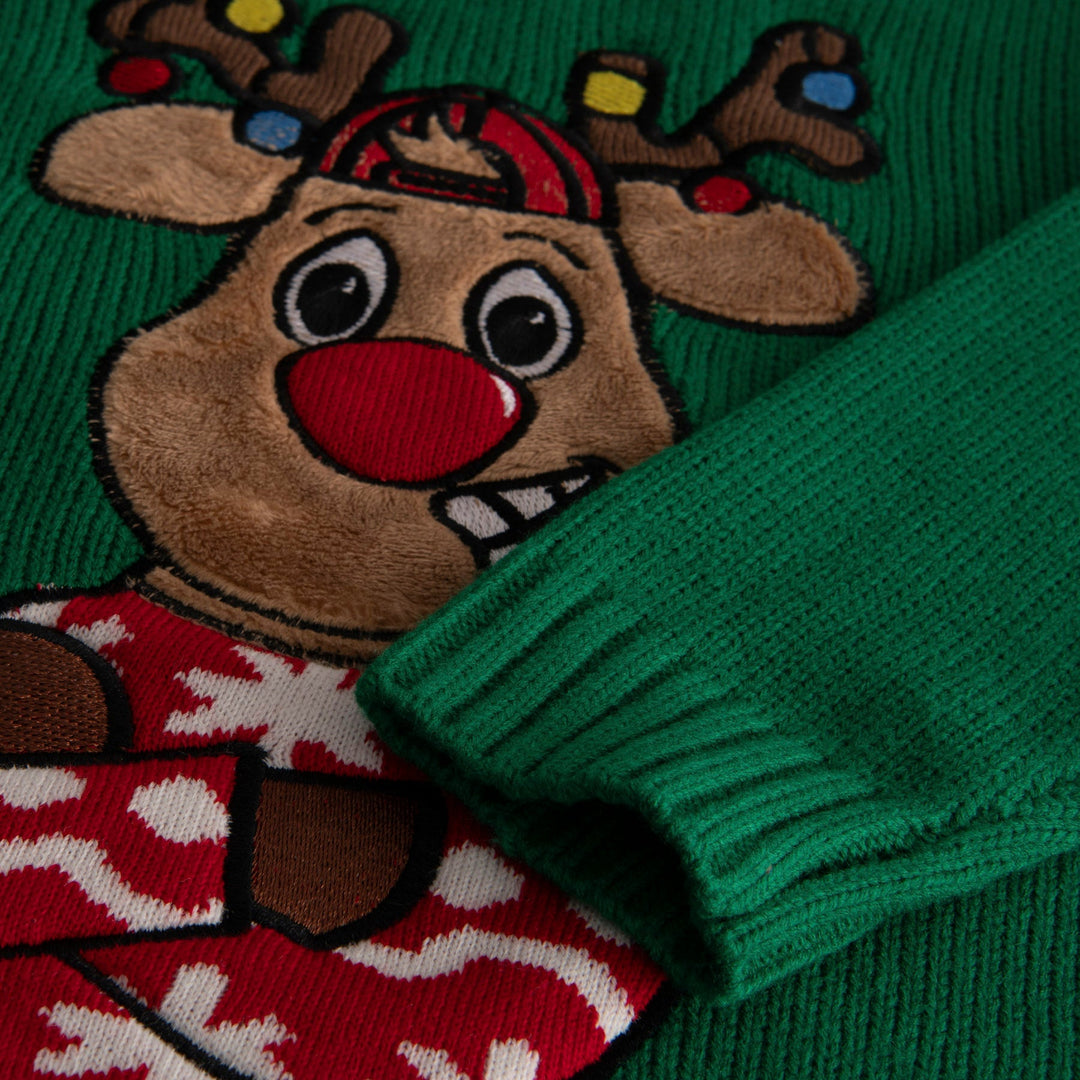 Kids' Green Reindeer Christmas Sweater