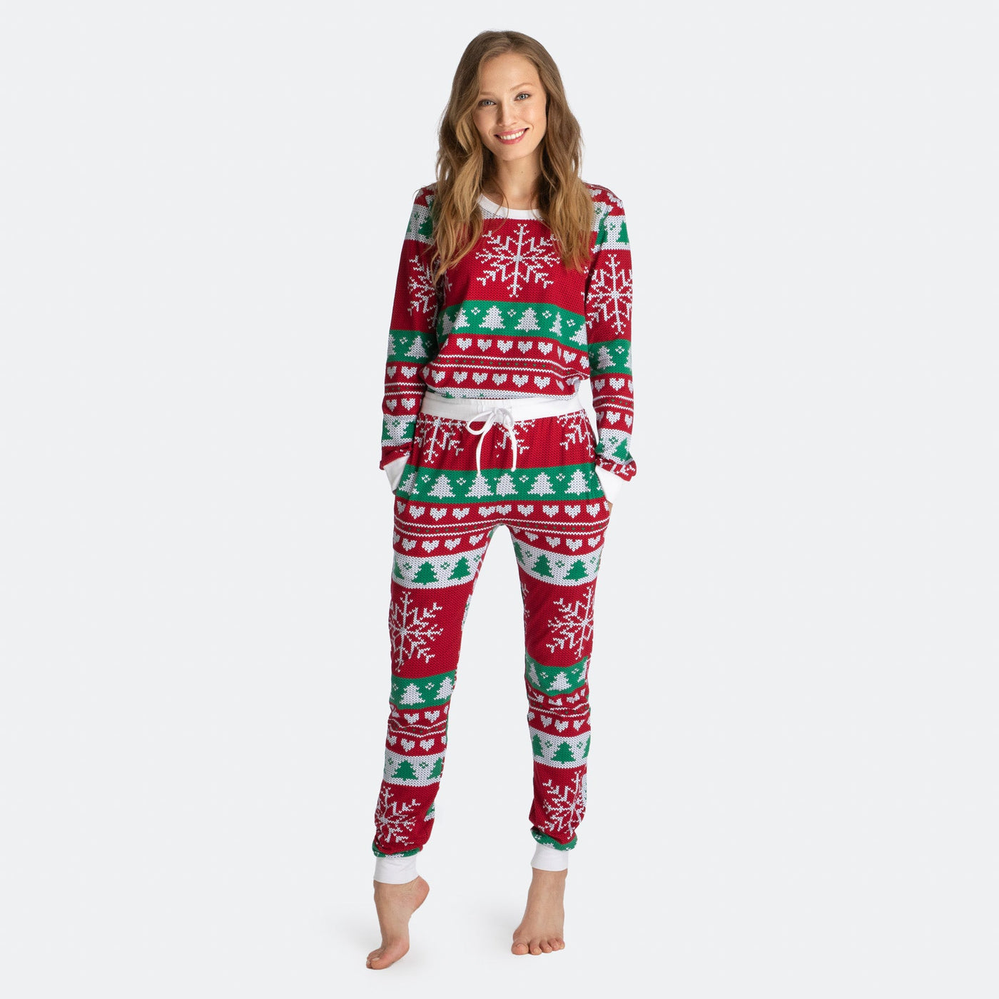 Women's Red Knit Print Christmas Pyjamas